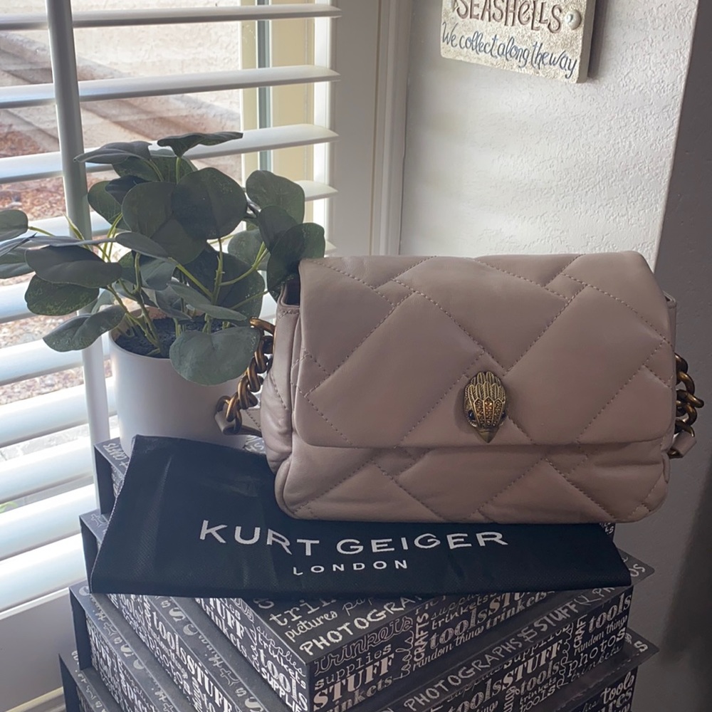 NWOT Kurt Geiger quilted leather shoulder bag in a neutral taupe color.